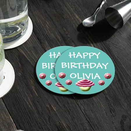 Blue Happy Birthday Cupcake Design Customized Photo Printed Circle Tea & Coffee Coasters