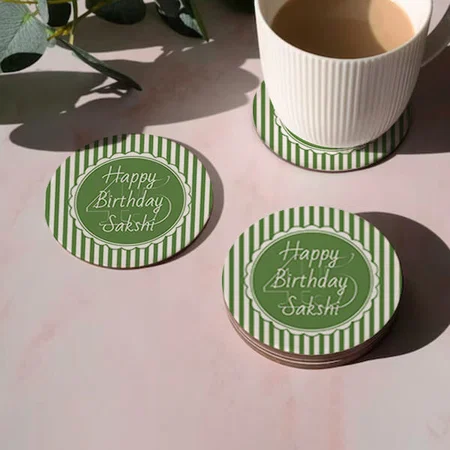 Happy Birthday  Green and White Stripes Customized Photo Printed Circle Tea & Coffee Coasters