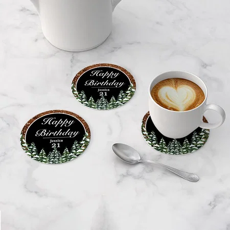 Happy Birthday Black Snowy Wood & Forest Pine Customized Photo Printed Circle Tea & Coffee Coasters