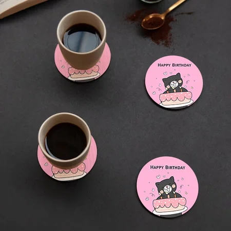 Cute Cat Happy Birthday Design Customized Photo Printed Circle Tea & Coffee Coasters