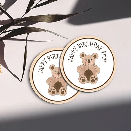 Happy Birthday Teddy Bear Customized Photo Printed Circle Tea & Coffee Coasters