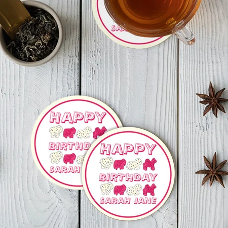 Happy Birthday Party Pink Circus Anima Customized Photo Printed Circle Tea & Coffee Coasters