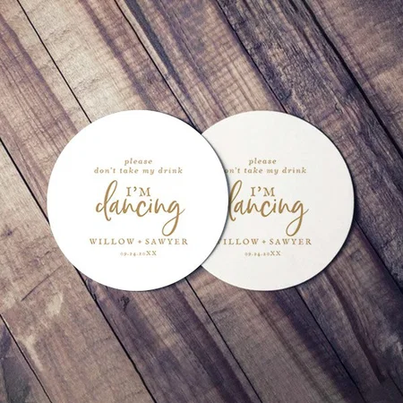 Rustic Gold Script Text Customized Photo Printed Circle Tea & Coffee Coasters