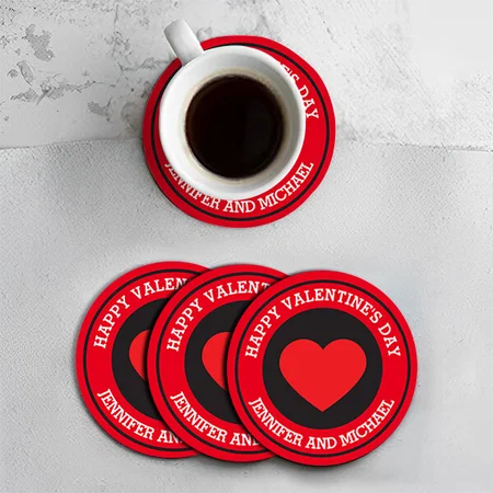 Happy Valentine's Day Red Heart Design Customized Photo Printed Circle Tea & Coffee Coasters