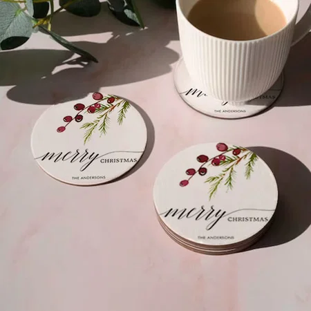 Greenery Red Berries Customized Photo Printed Circle Tea & Coffee Coasters