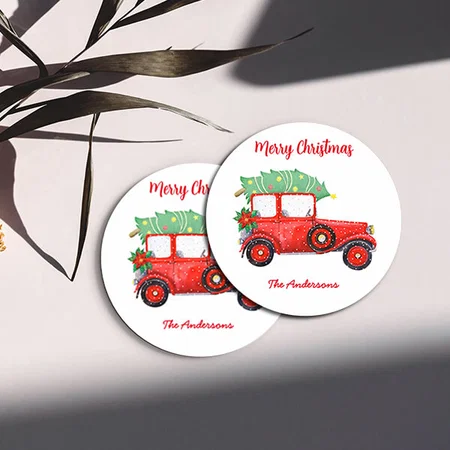 Christmas Vintage Red Car Customized Photo Printed Circle Tea & Coffee Coasters