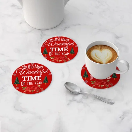 Christmas Tree And Red Flower Design Customized Photo Printed Circle Tea & Coffee Coasters