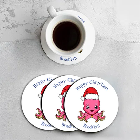 Cute Happy Octopus Wearing Christmas Hat Cartoon Design Customized Photo Printed Circle Tea & Coffee Coasters
