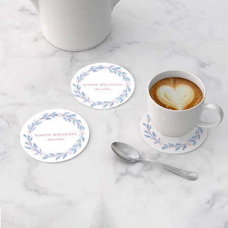 Happy Holidays Blue Watercolor Customized Photo Printed Circle Tea & Coffee Coasters