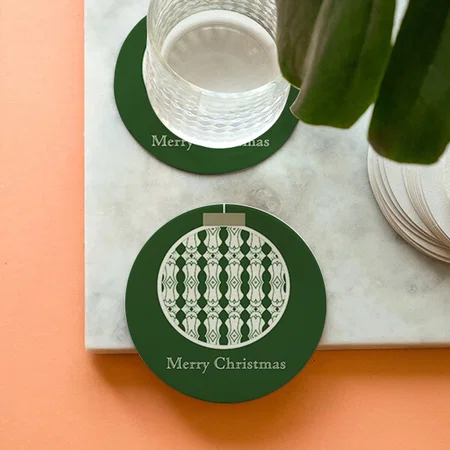 Art Deco Ornament Holly Green Customized Photo Printed Circle Tea & Coffee Coasters