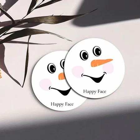 Modern Cute Smiling Snowman face Customized Photo Printed Circle Tea & Coffee Coasters