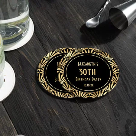 Art Deco Black and Gold 30th Birthday Party Customized Photo Printed Circle Tea & Coffee Coasters