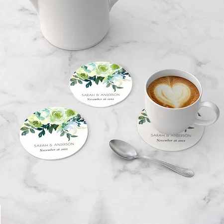 Rustic Watercolor Blue Green Floral Leaf Design Customized Photo Printed Circle Tea & Coffee Coasters