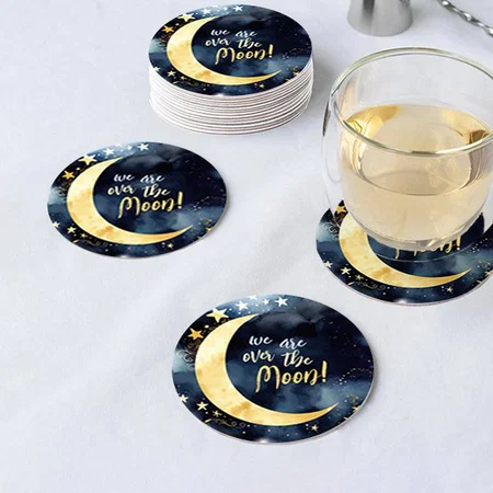 Over the Moon Celestial Baby Shower Stars Space Customized Photo Printed Circle Tea & Coffee Coasters