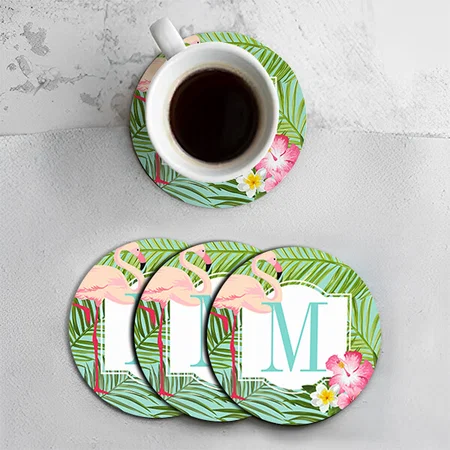 Tropical Flamingo and Hibiscus Flowers Monogram Customized Photo Printed Circle Tea & Coffee Coasters