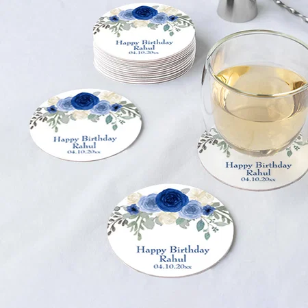 Happy Birthday Elegant Navy Blue Floral Customized Photo Printed Circle Tea & Coffee Coasters