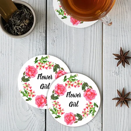 Watercolor Pink Flowers Wreath Design Customized Photo Printed Circle Tea & Coffee Coasters