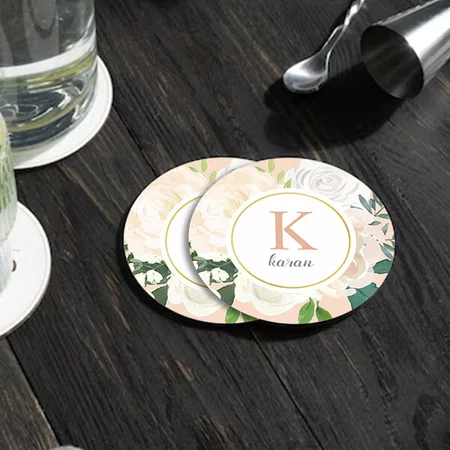 Blush Floral Greenery Rose Gold Monogram Customized Photo Printed Circle Tea & Coffee Coasters