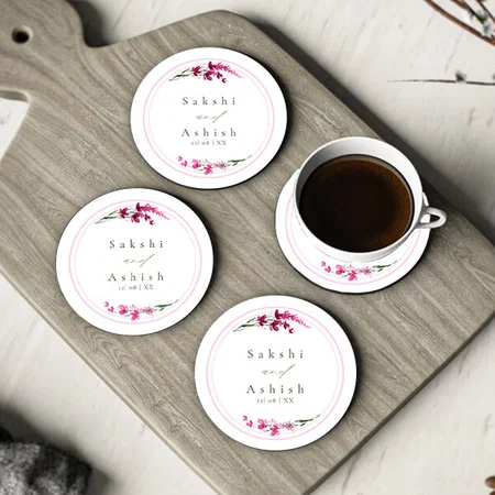 Wildflower Wedding Watercolor Design Customized Photo Printed Circle Tea & Coffee Coasters