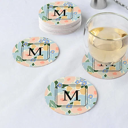Monogram Pastel Pink Light Blue Flower Pattern Customized Photo Printed Circle Tea & Coffee Coasters