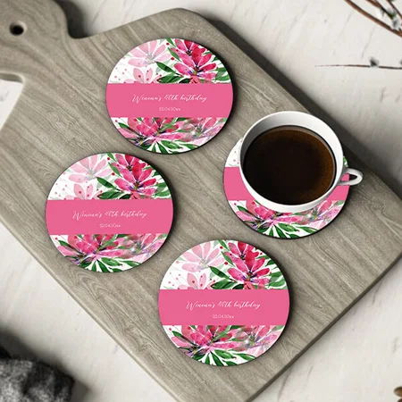 Watercolor Flowers Bloom Original Art Monogramme Customized Photo Printed Circle Tea & Coffee Coasters