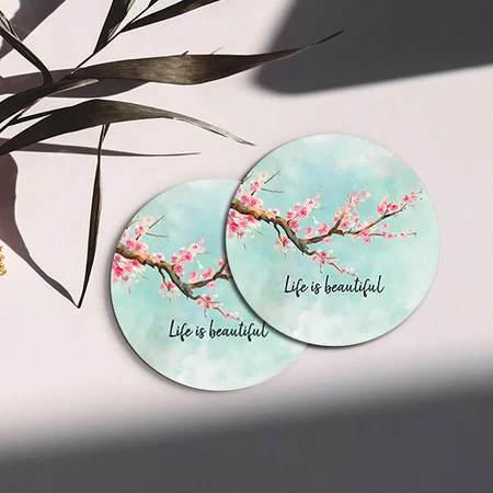 Aqua Pink Cherry Blossom Floral Customized Photo Printed Circle Tea & Coffee Coasters