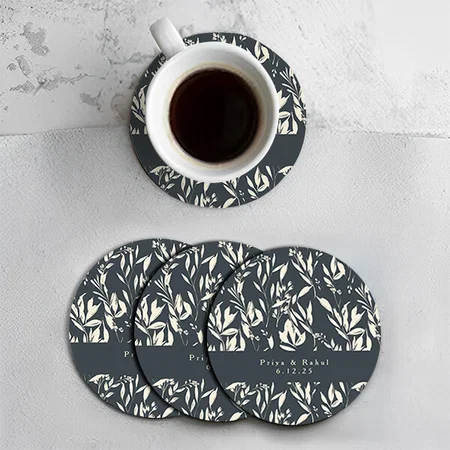 Boho Black Hand Drawn Floral Pattern Customized Photo Printed Circle Tea & Coffee Coasters