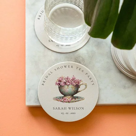 Pink Gold Floral Teacup Customized Photo Printed Circle Tea & Coffee Coasters