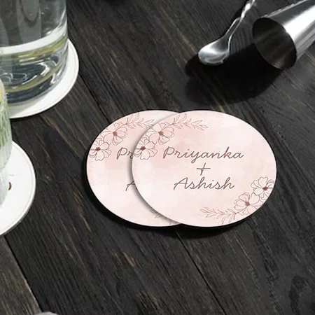 Blush Pink & Rose Gold Foil Floral Border Monogram Customized Photo Printed Circle Tea & Coffee Coasters