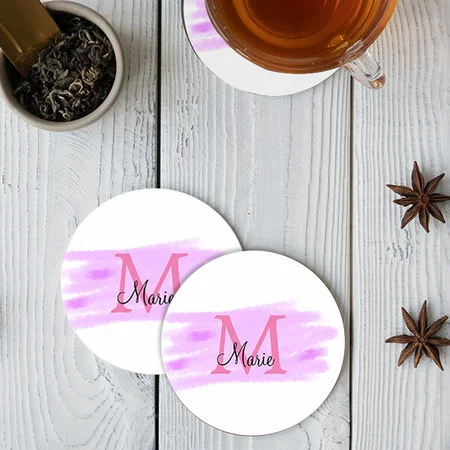 Watercolor Pink Monogram Customized Photo Printed Circle Tea & Coffee Coasters