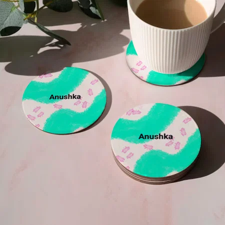 Blue Watercolor Monogram Customized Photo Printed Circle Tea & Coffee Coasters