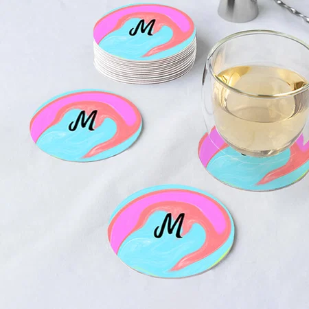 Pastel Color Simple Minimal Monogram Customized Photo Printed Circle Tea & Coffee Coasters