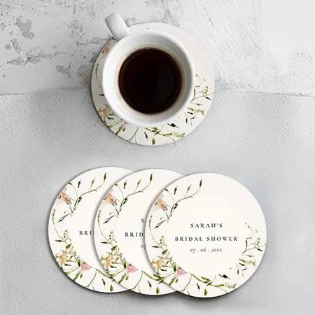 Soft Blush Meadow Floral Wreath Customized Photo Printed Circle Tea & Coffee Coasters