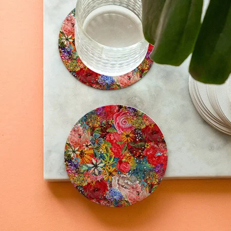 Bright Colourful Large Abstract Floral Pattern Customized Photo Printed Circle Tea & Coffee Coasters