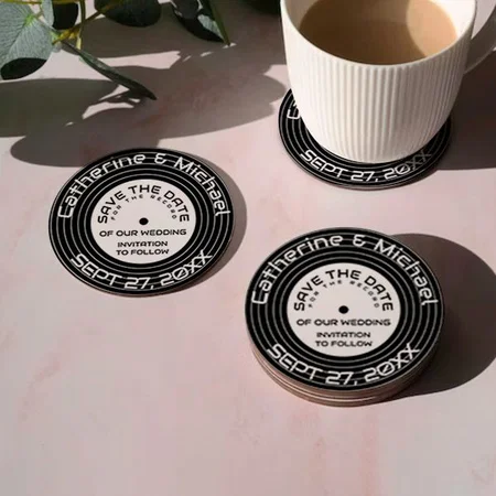 Retro Music Vinyl Record Unique Save The Date Customized Photo Printed Circle Tea & Coffee Coasters