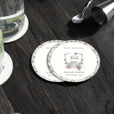 Cute Baby Hippo Foliage Elegant Baby Shower Customized Photo Printed Circle Tea & Coffee Coasters