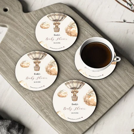 Boho Teddy Bear Air Balloon Clouds Baby Shower Customized Photo Printed Circle Tea & Coffee Coasters