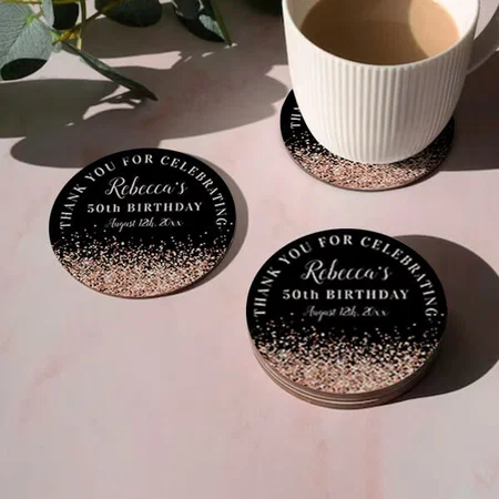 Rose Gold and Black 50th Birthday Thank You Customized Photo Printed Circle Tea & Coffee Coasters