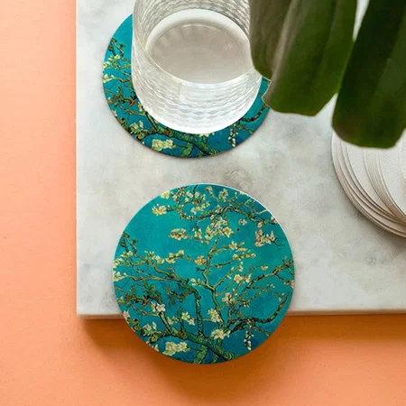 Blossoming Almond Tree Floral Art Customized Photo Printed Circle Tea & Coffee Coasters