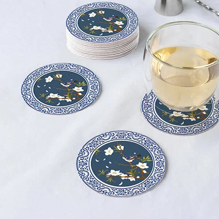 Vintage Bird Flower Art Customized Photo Printed Circle Tea & Coffee Coasters