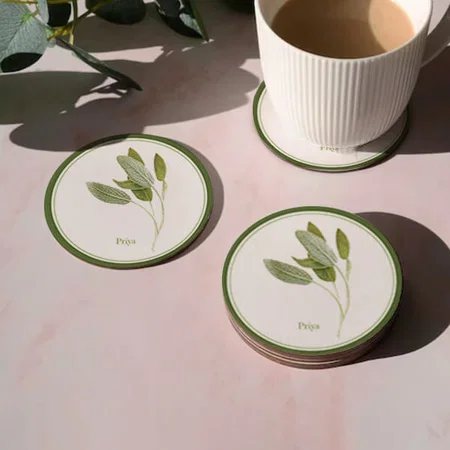 Sage Leaf Design Customized Photo Printed Circle Tea & Coffee Coasters