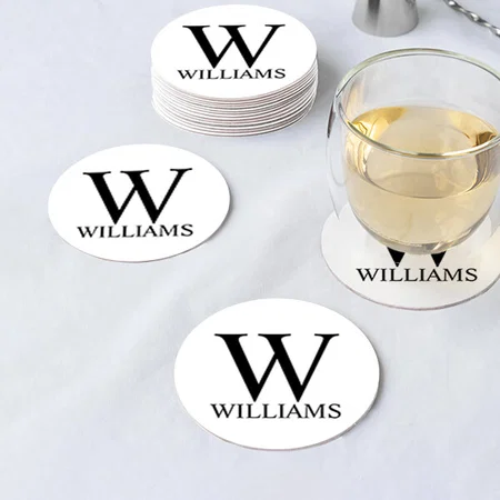 White Classic Monogram Customized Photo Printed Circle Tea & Coffee Coasters
