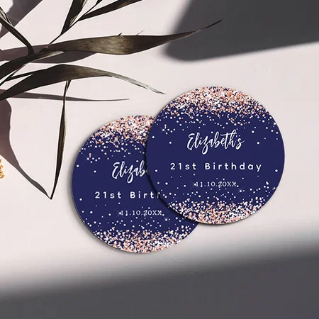 Birthday Navy Blue Rose Gold Confetti Customized Photo Printed Circle Tea & Coffee Coasters