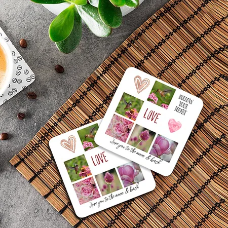 Text and Photo Collage Love Pink Glass Coaster Customized Photo Printed Tea & Coffee Coasters