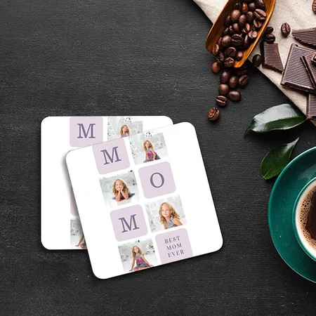 Purple Modern Collage Photo Best Mom Ever Customized Photo Printed Tea & Coffee Coasters