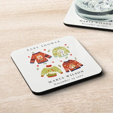 Cute Winter Hearts Leafy Ugly Sweater Baby Shower Customized Photo Printed Tea & Coffee Coasters