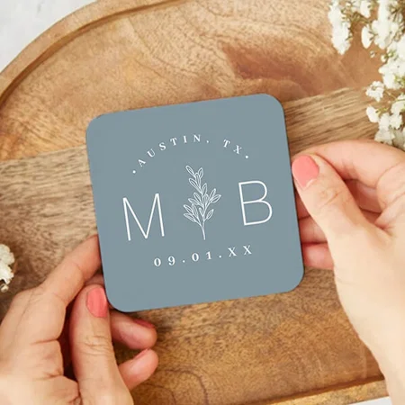 Rustic Floral Stem Wedding Monogram Customized Photo Printed Tea & Coffee Coasters