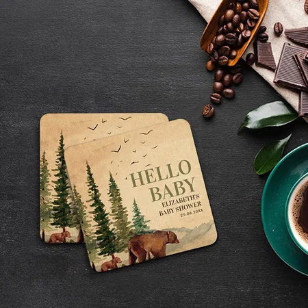 Woodland Mama Bear & Cub Baby Customized Photo Printed Tea & Coffee Coasters