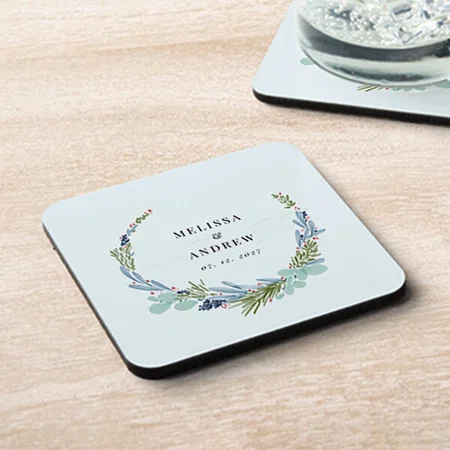 Boho Wreath on Light Blue Wedding Design Customized Photo Printed Tea & Coffee Coasters