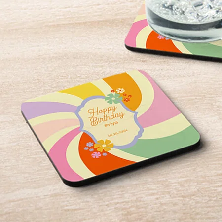 Happy Birthday Groovy Wave Flower Design Customized Photo Printed Tea & Coffee Coasters